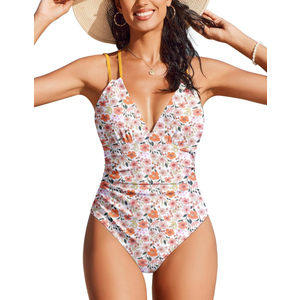 AI'MAGE Womens One Piece Swimsuit V Neck Ruched Bathing Suit Double Straps Crisscross Back Floral Print Swimwear XXL