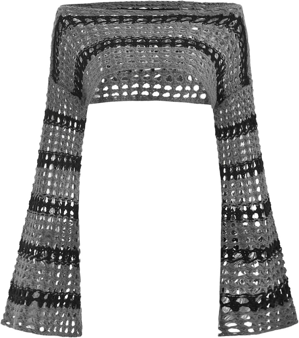 WDIRARA Women's Crochet Crop Tops Shrugs Y2k Hollow Out Sweater Knit Crochet Long Sleeve Crop Tops (Medium)