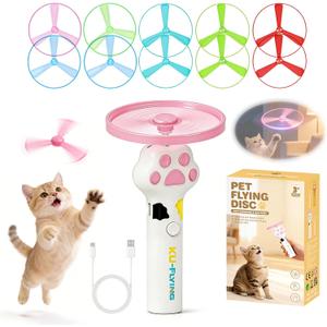 Cat Fetch Toy Launcher,Flying Disc Launcher Toy Rechargeable with 10 Flying Discs,Flying Cat Toy Disc Launcher for Kitten Dog Playing Interactive Hunting Tracking Toys for Outdoor Indoor,White