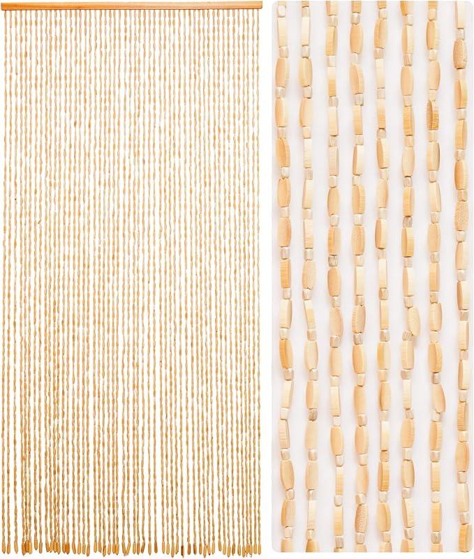 52 Strands 35.4" x 79" Bamboo and Wood Beaded Curtain for Doorway Handmade Natural Doorway Beads Bohemian Bamboo and Wooden Room Devider Hanging Boho Beaded Curtain,Beige