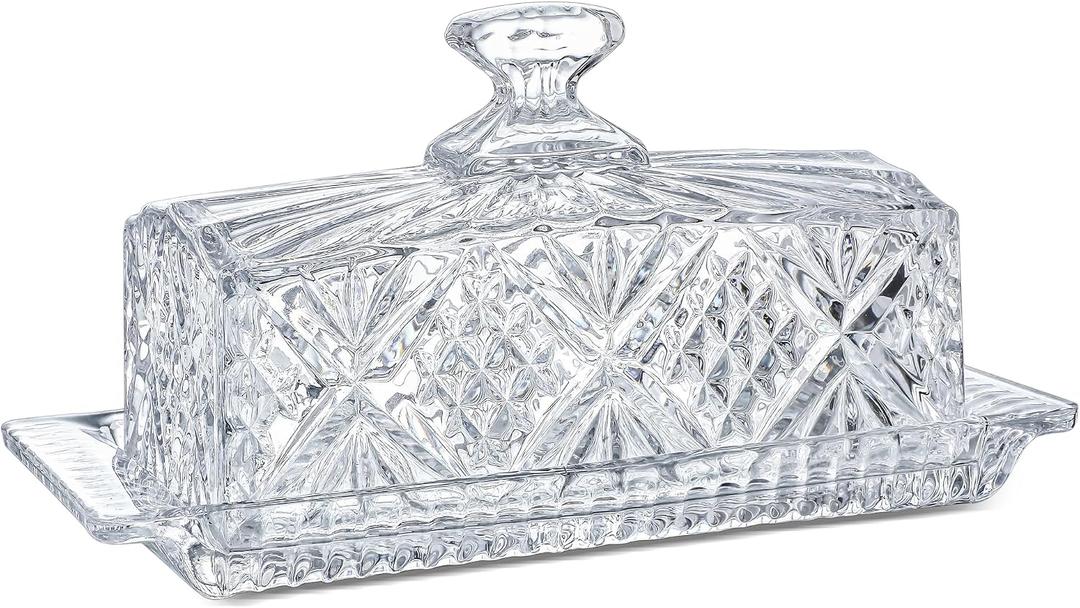 Crystal Covered Butter Dish,8inch Classic Glass 2-Piece Design Butter Keeper with Lid | Butter Holder | Dishwasher Safe