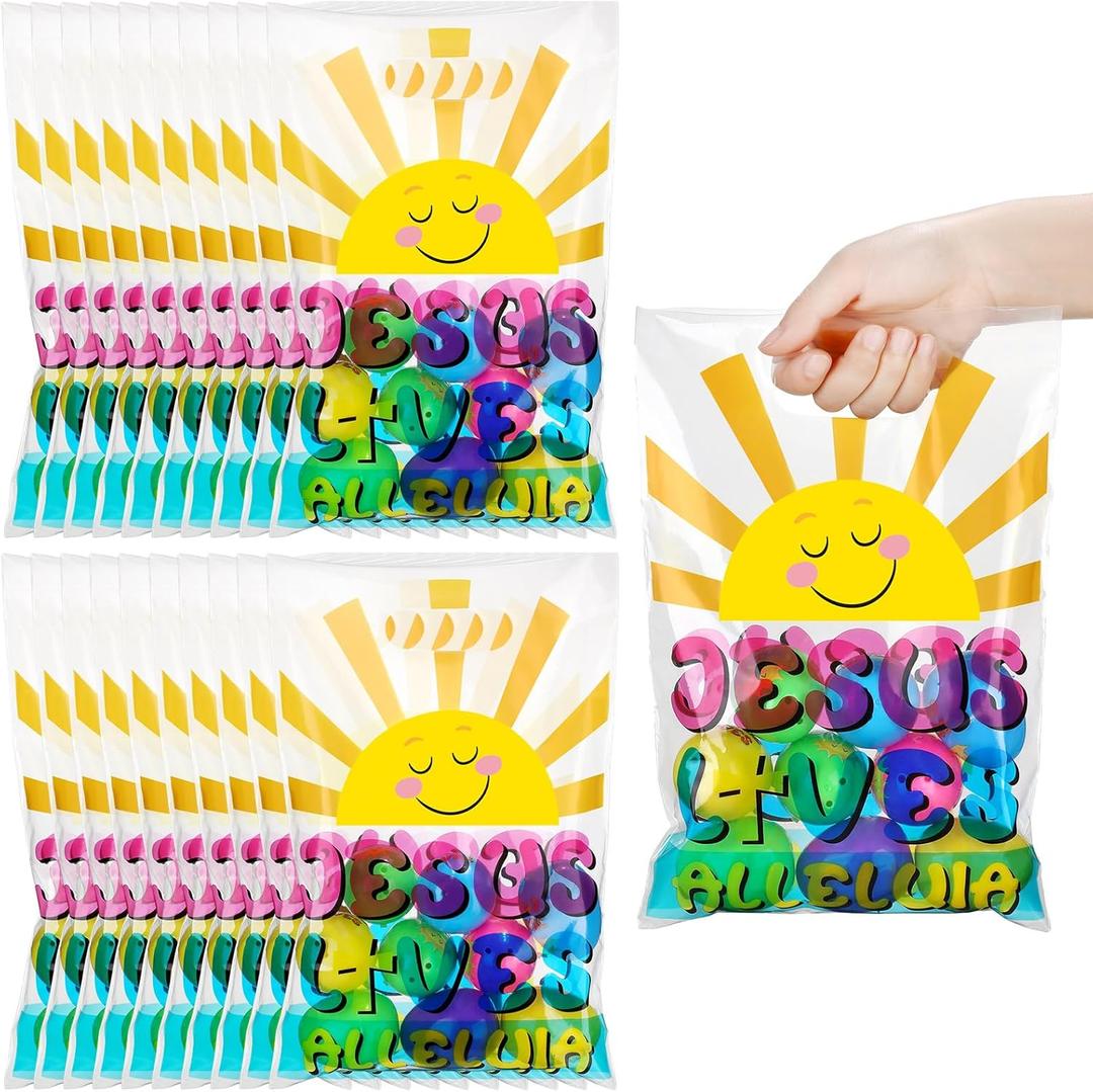 Panelee 50 Pcs Jesus Lives Plastic Goody Bags with Handles Easter Religious Treat Bags for Kids Jesus Lives Alleluia Christian Cross Candy Gift Bag for Easter Party Supplies Party Favor Decoration