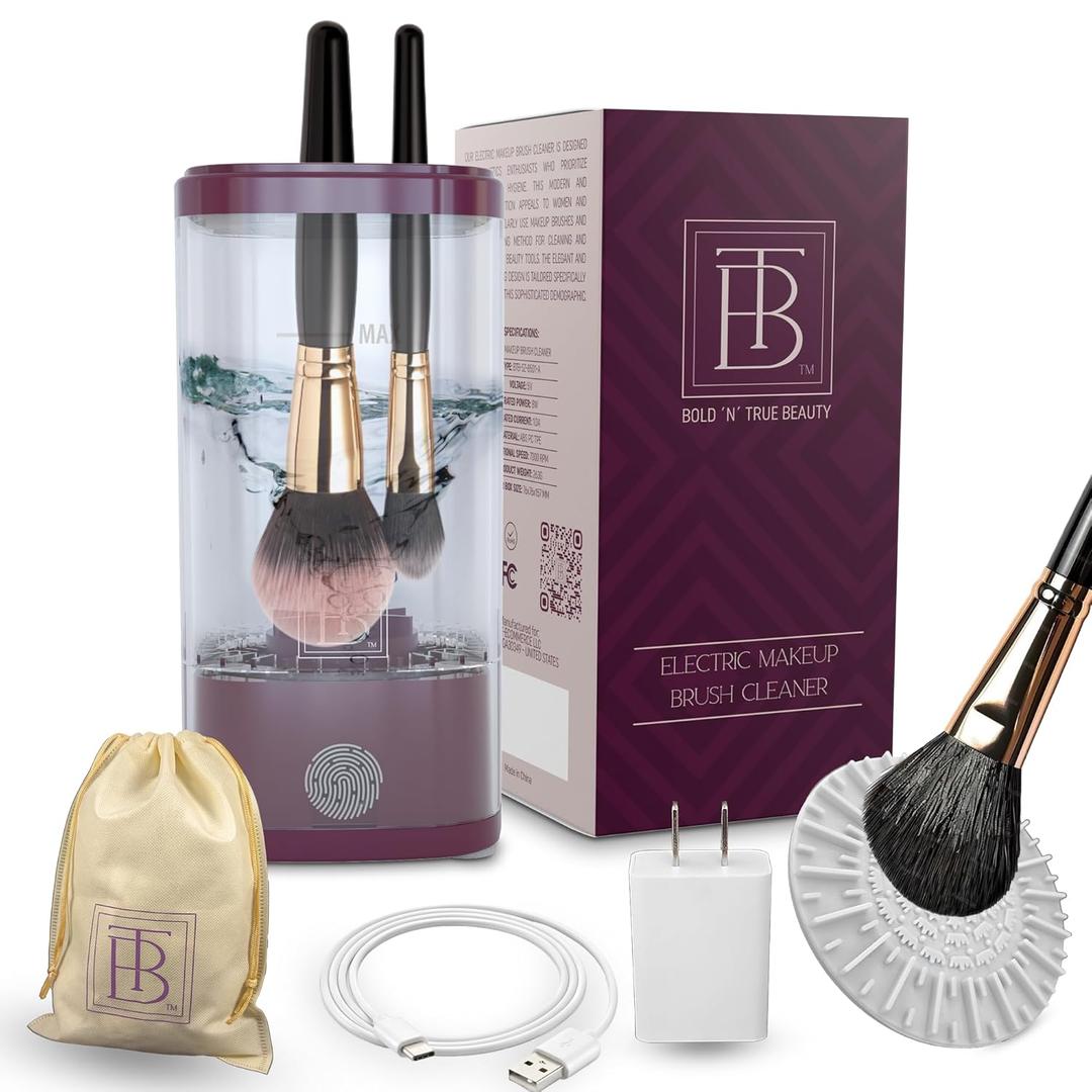 BOLDNTRUE BEAUTY Electric Makeup Brush Cleaner Set  Automatic USB-C Deep Cleaning Machine with Rubber Pad, Plug & Gift Bag | Portable Makeup Brush Washer, Perfect Beauty Gift for Her (Bordeux / Transparent)