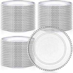 Hoolerry 100 Pack Clear Charger Plates Bulk 13 Inch Acrylic Round Dinner Charger Plates Beaded Frosted Grain Dinner Decorative Dishes for Wedding Party Events Home Kitchen Tabletop(Sliver,Beads)