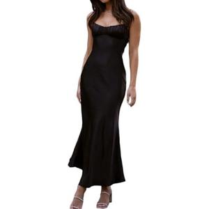 Satin Spaghetti Strap Backless Ruched Twist Cocktail Dresses for Women Silk Open Back Cut Out Midi Dress Wedding Guest, Large