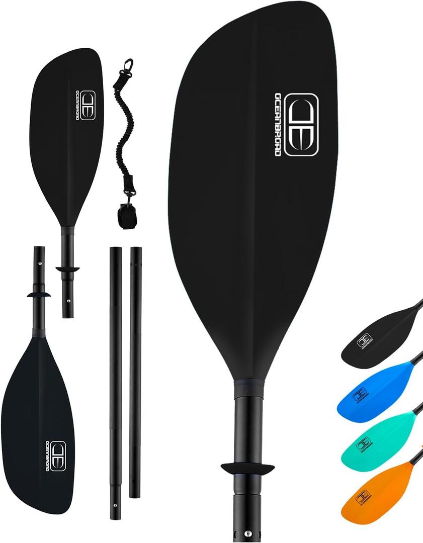 OCEANBROAD 4 Pieces Kayak Paddle 90.5in/ 230cm Alloy Shaft Floatable Kayak Oar for Kayaking Canoeing Boating, 1 Paddle, Black