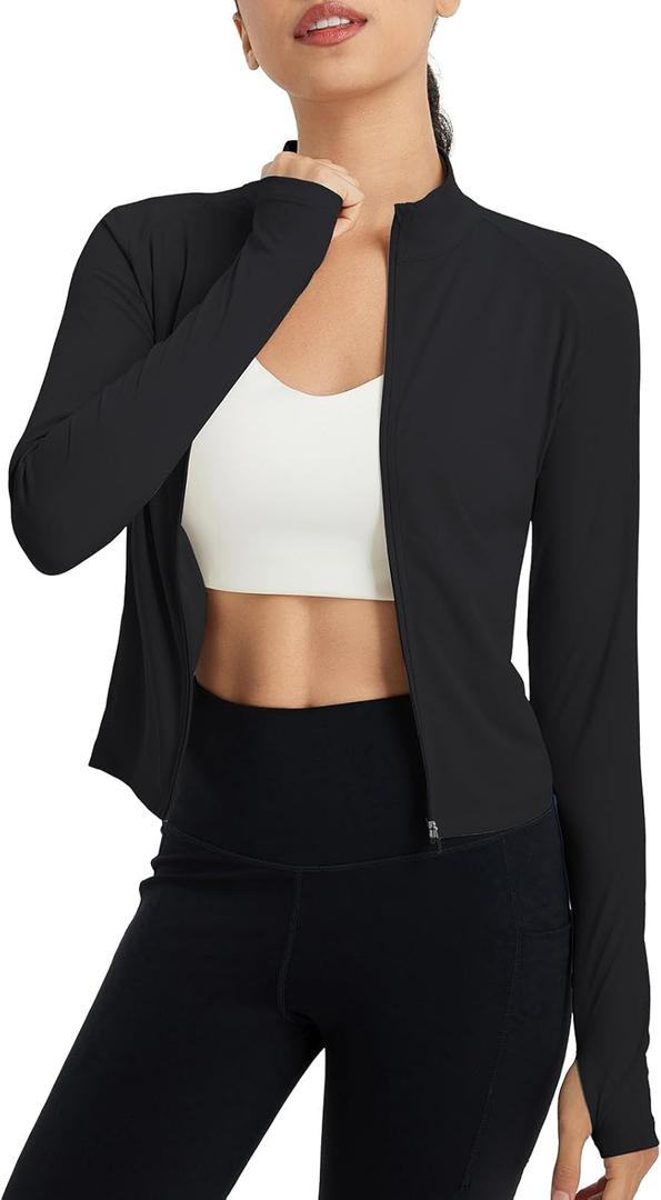 baleaf Women's UPF 50+ Sun Shirts Protection SPF Crop Jacket UV Protection Long Sleeve Full Zip Clothing Lightweight (Large, Black)