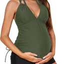 Summer Mae Maternity Two-Piece Halter Swimsuit Tankini V-Neck Side Tie Bathing Suit Pregnancy High Waist Swimwear Olive Large