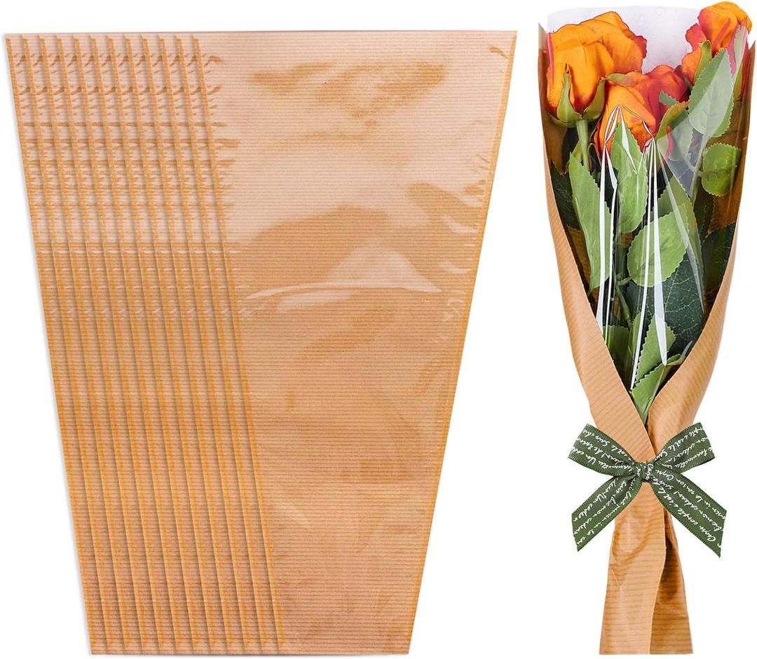 Whaline 50Pcs Flower Wrapping Bags Mother's Day Kraft Paper Floral Packing Sleeves Bouquet Bags Clear Flower Wrapping Sleeves for Graduation Wedding Birthday Valentine's Day Gift, 9.8x3.9x17.9 Inch
