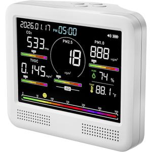 Indoor Air Quality Monitor for Home, CO2 Detector with PM2.5 PM10, Formaldehyde TVOC Sensor, AQI Temperature Humidity DisplayWhite