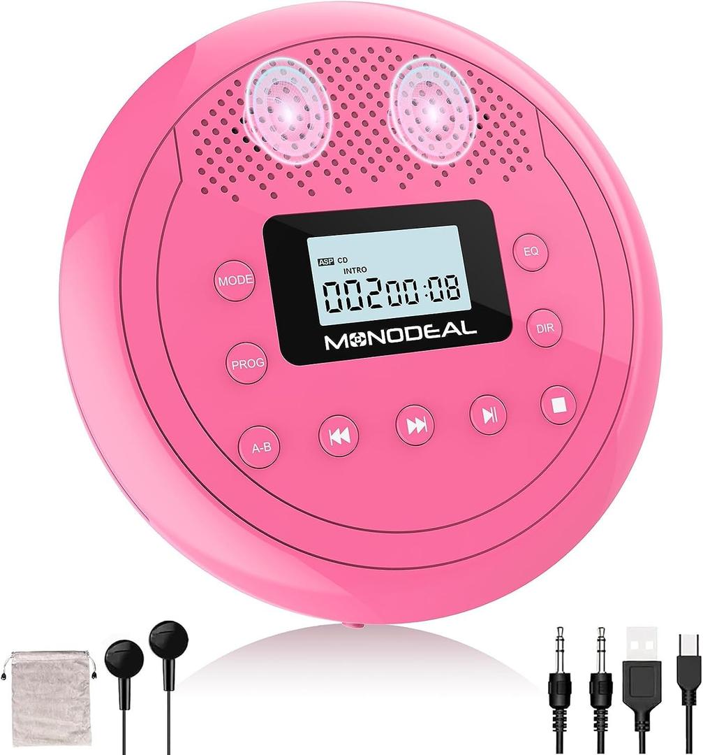 【𝟐𝟎𝟐4 𝐔𝐩𝐠𝐫𝐚𝐝𝐞𝐝】 MONODEAL Rechargeable CD Player with Speakers, Anti-Skip CD Player for Car and Home, Portable Player with Headphones for Audio Book Music (Rose Red)