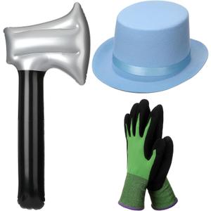 3 Pcs Halloween Costume for Men Included Blue Top Hat Green Textured Gloves and Bloody Inflatable Axe Dumber Costume for Women Adults Halloween Props Accessories