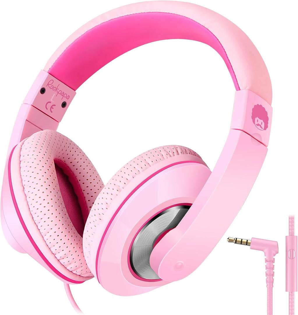 rockpapa Comfort+ Kids Headphones with Microphone, Boys Girls Student Over-Ear Headphones Wired Foldable for School Classroom Laptop PC Computer Tablet Pink