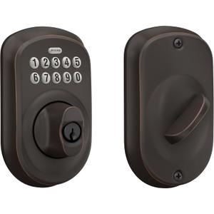 Schlage BE365 PLY 716 Plymouth Keypad Deadbolt, Electronic Keyless Entry Lock, Aged Bronze