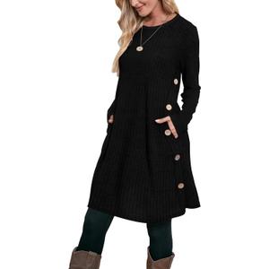 OFEEFAN Fall and Winter Tunic Dress with Pockets Long Sleeve Crew Neck Buttons Side (Small, Ribbed Black)