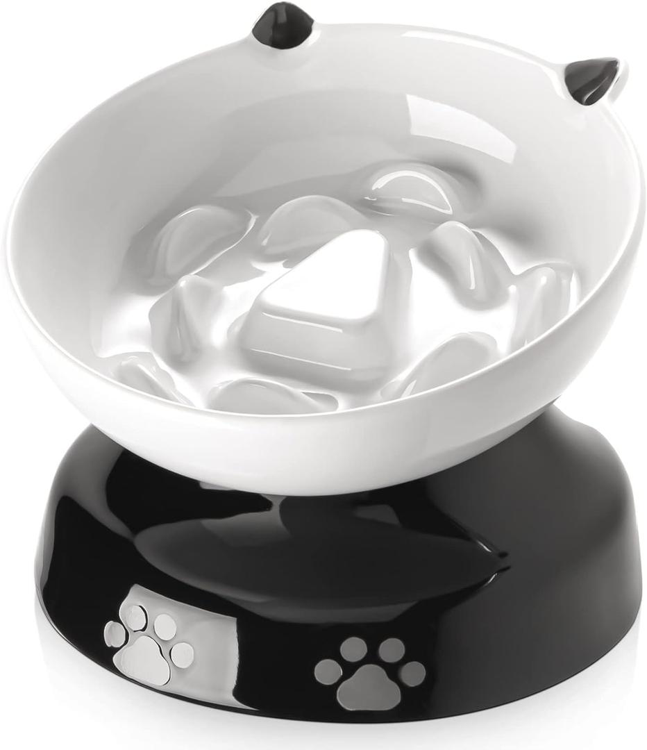 Y YHY Ceramic Cat Slow Feeder, Elevated Dog Food Bowl Tilted Design, Slow Feeder Bowl no Black Chin, Cat Shape for Dry and Wet Food (White)