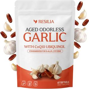 Resilia Garlic Extract 600mg Softgels (60ct) – Odorless Aged Garlic with CoQ10 Ubiquinol & Vitamin K2 as MK-7 – 20-Month Matured, Standardized for S-Allyl Cysteine - Heart & Immune Support, 05/15/2028