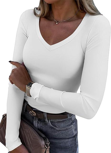 ATHMILE Womens Fall Deep V Neck Long Sleeve Shirts Modal Slim Fit Basic Tee Tops 2025, Size M