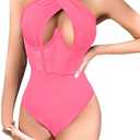 CRIPOM Women's Halter Criss Cross Sleeveless Bodysuit Sheer Mesh Corset Bustier Sexy Cut Out Leotard Jumpsuit, XL