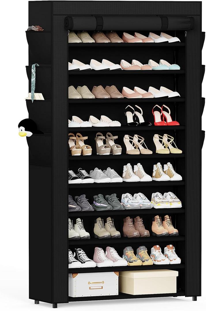 Mavivegue Shoe Rack with Cover, 10+1 Tier Tall Shoe Storage for 50-55 Pairs of Shoes, Shoe Organizer for Entryway, Closet (Black)