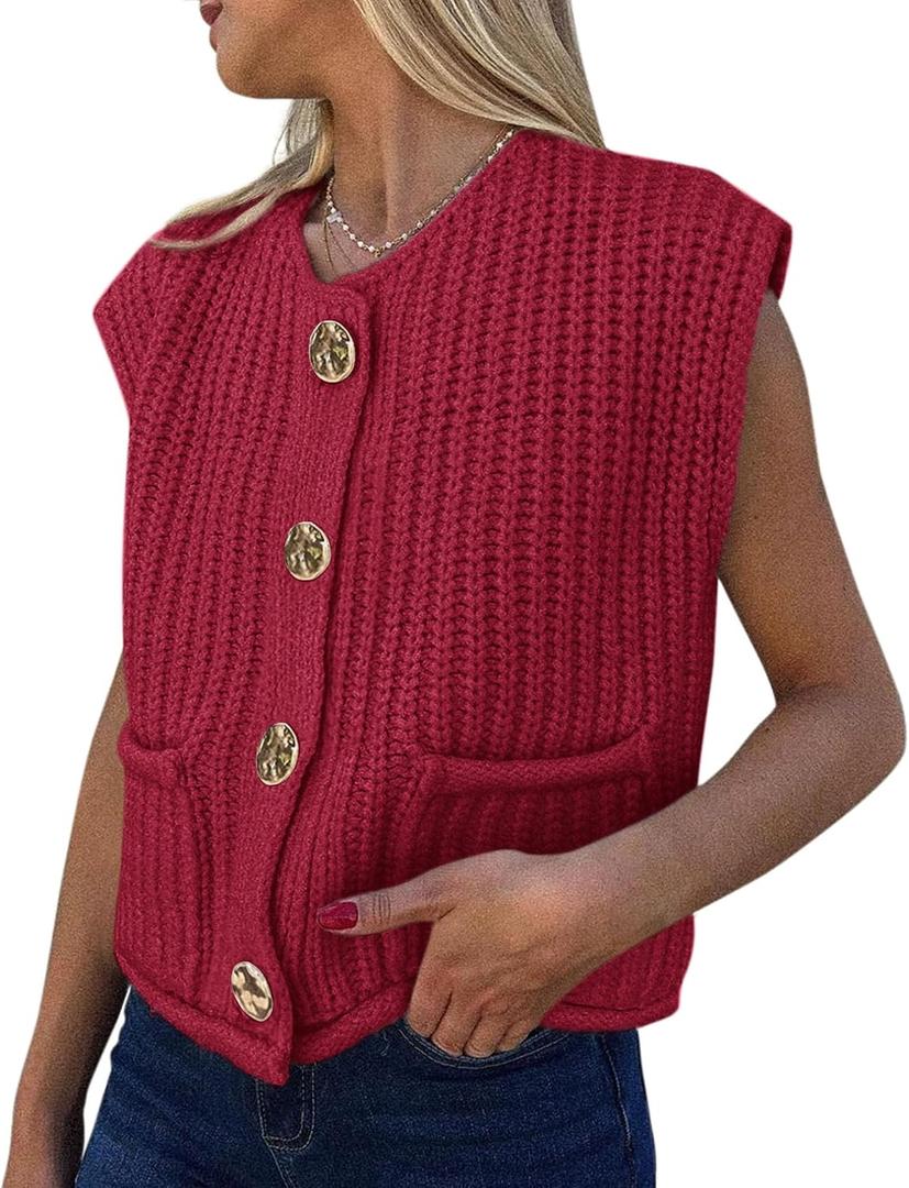 PRETTYGARDEN Women's Summer Sweaters Vest 2025 Sleeveless Button Down Cropped Pockets Chunky Knit Cardigan Trendy Tank Tops (Red, L)