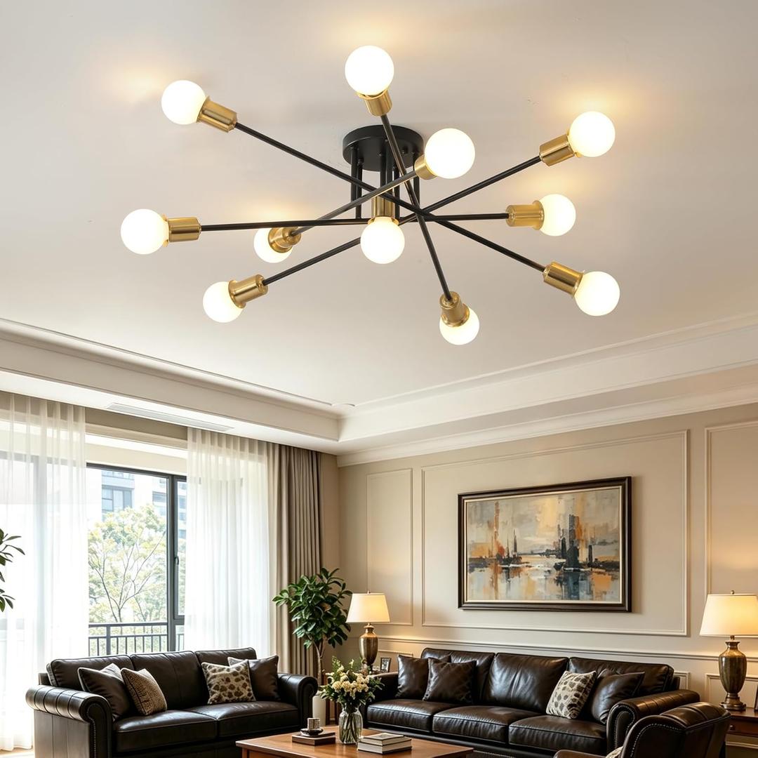 Oversized 11 Light Semi Flush Mount Ceiling Light Fixture,Modern Mid Century Sputnik Gold and Black Large Metal Chandelier for Dining Room Bedroom Living Room Office Lighting 28.3 