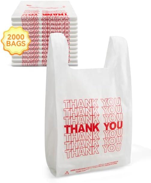 2000 Count Small Economy 'Thank You' White T-Shirt Bags, 8"x4"x15.5" (1/10 Size), 13 Mic, Retail, Boutique, Grocery, Bulk Shopping