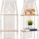 Barydat 2 Pack Macrame Wall Hanging Shelf 2 Tier Handmade Boho Hanging Wall Shelf Floating Woven Rope Decorative Storage Racks Holder Organizer for Home Bedroom Bathroom Plants, Beige (Elegant)