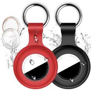2 Pack Compatible with Apple Airtag Holder with Keychain,IPX8 Waterproof GPS Cover for Air-Tags Shockproof [Anti-Scratch] Item Finders Case for Pets,Kids,Luggage-Black+Red