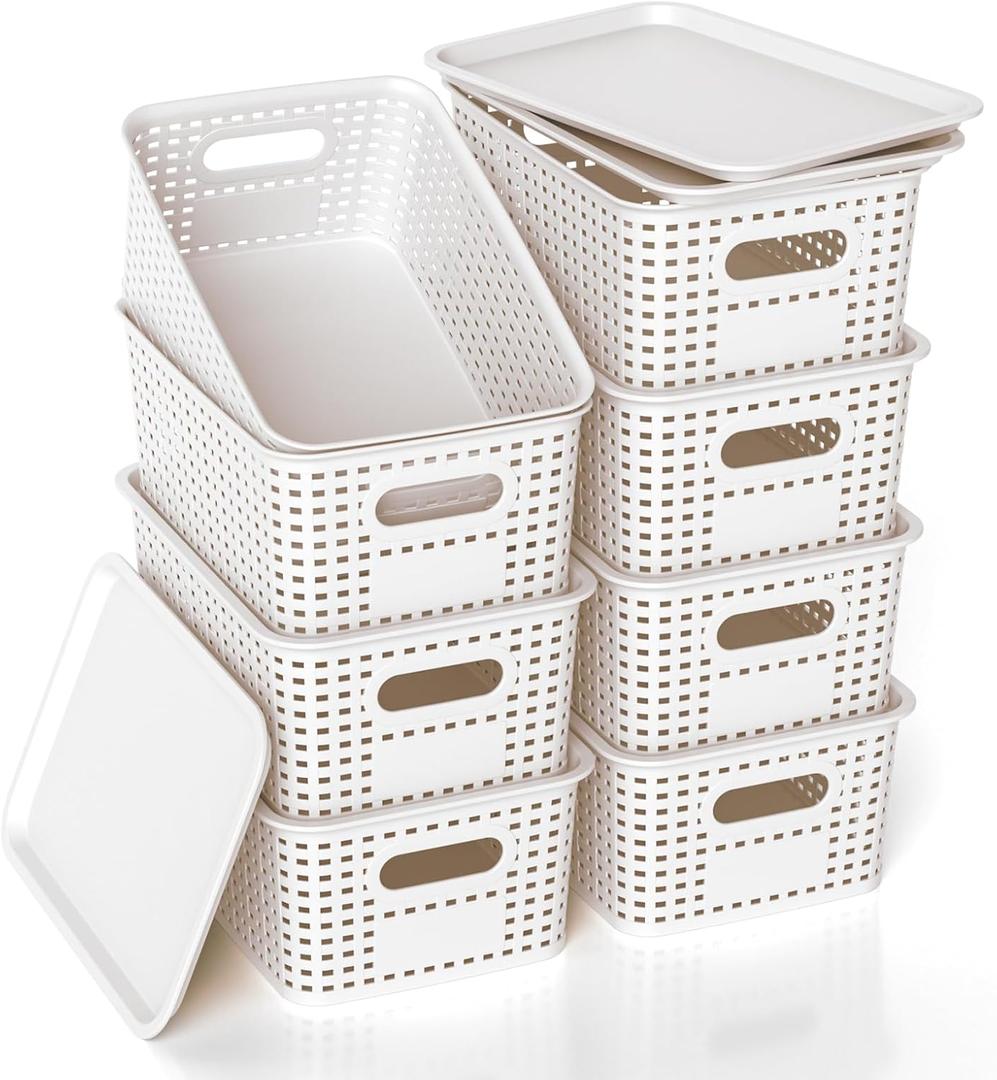 Plastic Storage Basket with Lid, Stackable Small Box Bins for Organizing and Containers for Shelves Drawers Desktop Closet Playroom Pantry Classroom Office Home, 8 Pack 10.2x7.2x4.1 Inch, White