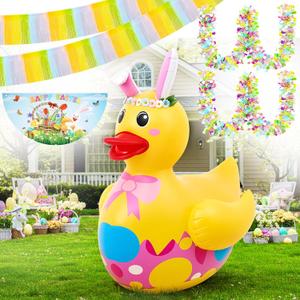 Hungdao 4ft Easter Inflatable Duck with Bunny Ears Blow up Kit, Easter Golf Cart Decorations with Garlands Streamers Fan Flag for Parade Car Yard Outdoor Party Decor