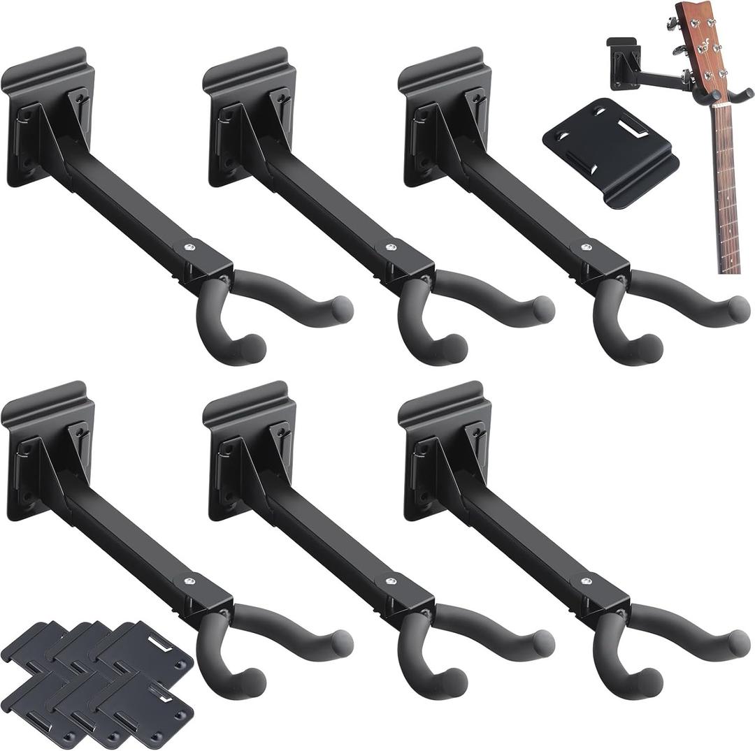 Therwen 6 Pcs Guitar Hanger Wall Mount Guitar Hangers Hooks Holders with Slat Adapter 180 Adjustable Black Hook Stand Wall Mount for Acoustic Electric Bass