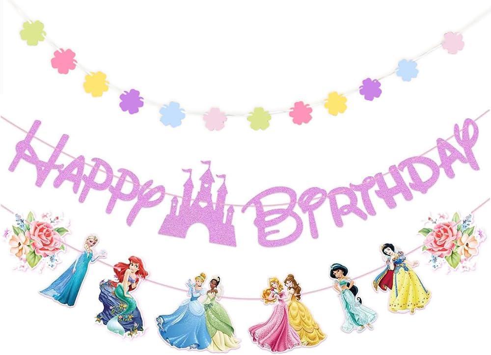 Pink Princess Birthday Banner for Girls, Princess Themed Happy Birthday Party Decoration For Kids Party Baby Shower Decorations