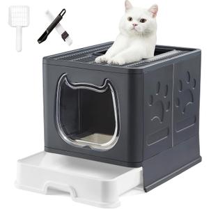 Gefryco Litter Box with Lid for Small to Medium Cats, Enclosed Cat Litter Box with CoverHigh Sided Top Entry Cat Box with Brush and Scoop, Cute Kitty Litter Pan with Drawer for Growing Kitten(Black)