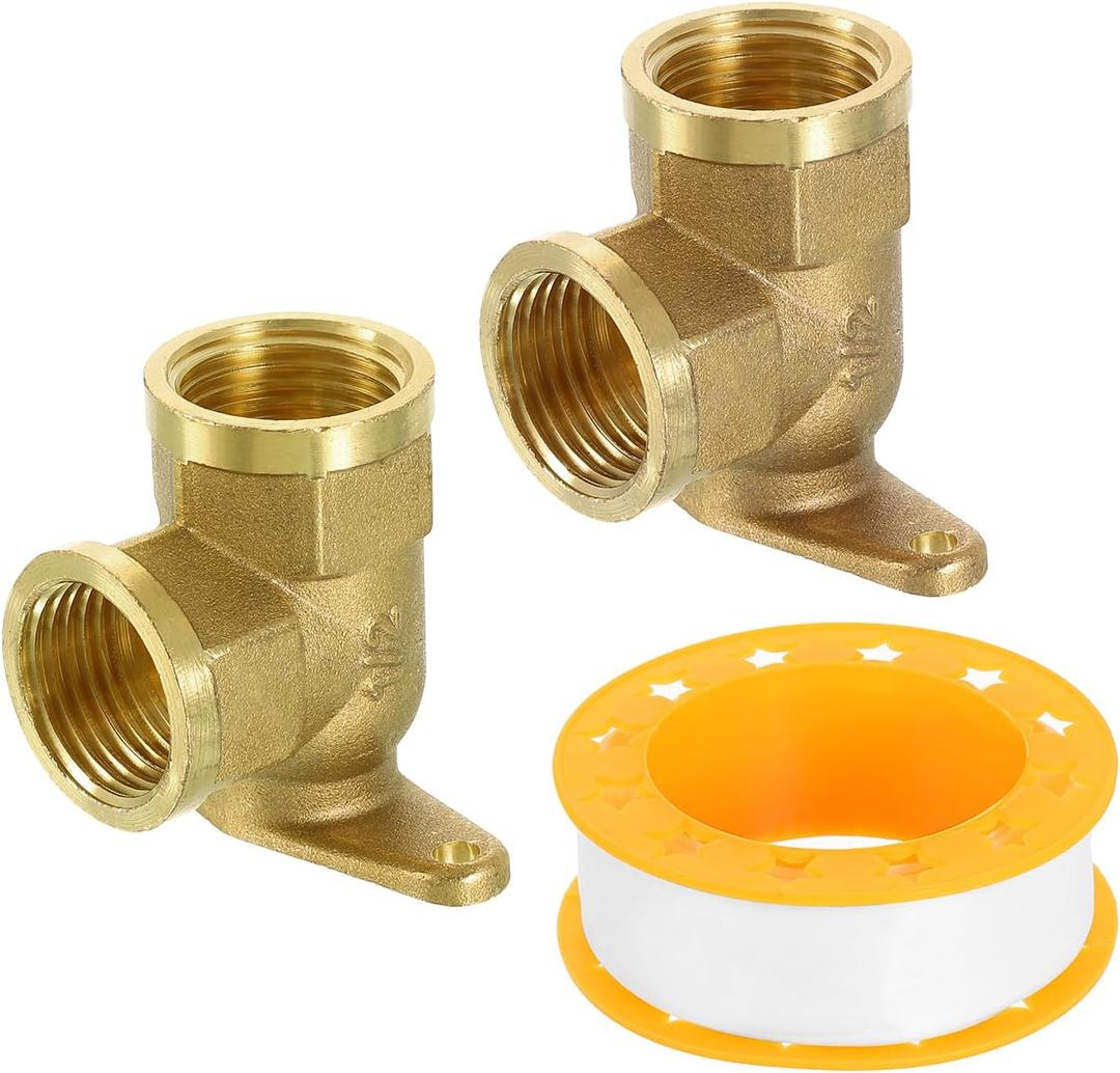 uxcell 2 Pcs 90 Degree Drop Ear Elbow, 1/2 Inch Female x 1/2 Inch Female Brass Plumbing Fittings, Pipe Connector with Base Plate for Air Water Fuel Pipe