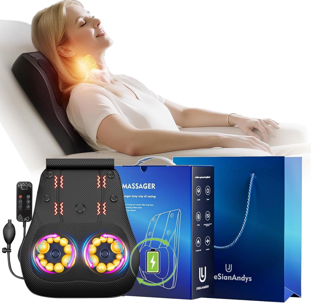 Back Massager with Heat, 4D Kneading Electric Massager for Neck Back Shoulder Leg Pain Relief, Cordless Portable Rechargeable for Home Office Car Use on Couch Bed, Valentines Day Gift for Men Women