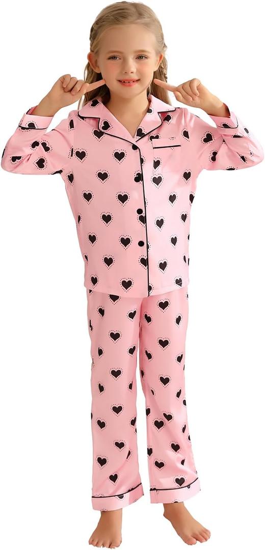Veseacky Silk Long Sleeve Long Pants Unisex Nightwear Breathable Button Down Classic Notched Collar Pajamas (Pink Love, 12T( 160)