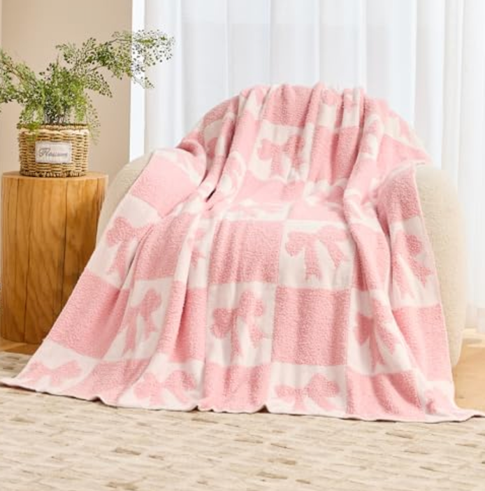 Nahjiiem Pink Bow Blanket Cozy Knitted Bow Checkered Throw for Baby Girls, Reversible Pattern Bows Gift, Coquette Pink Bows Bedding Stuff Decor Blankets, 50x60 Inches