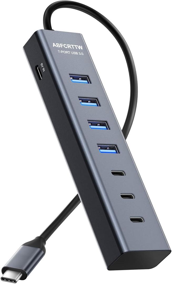 USB C to USB Hub Multiport Adapter, Aluminium 7-Port USB C Hub Multiport Adapter, USB Extenders, USB c Splitter for Thunderbolt, MacBook Pro/Air, Laptop, iPad, iMac, U Flash, PSSD, Keyboard, Mouse (1Ft)