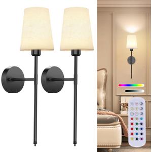 10000mAh Battery Operated Wall Sconces Set of Two, Wireless Black Wall Sconce with Rechargeable Bulbs and Remote,15 Colors & Dimmable,Black Sconces Wall Decor Set of 2 for Bedroom Living Room 25.7 in