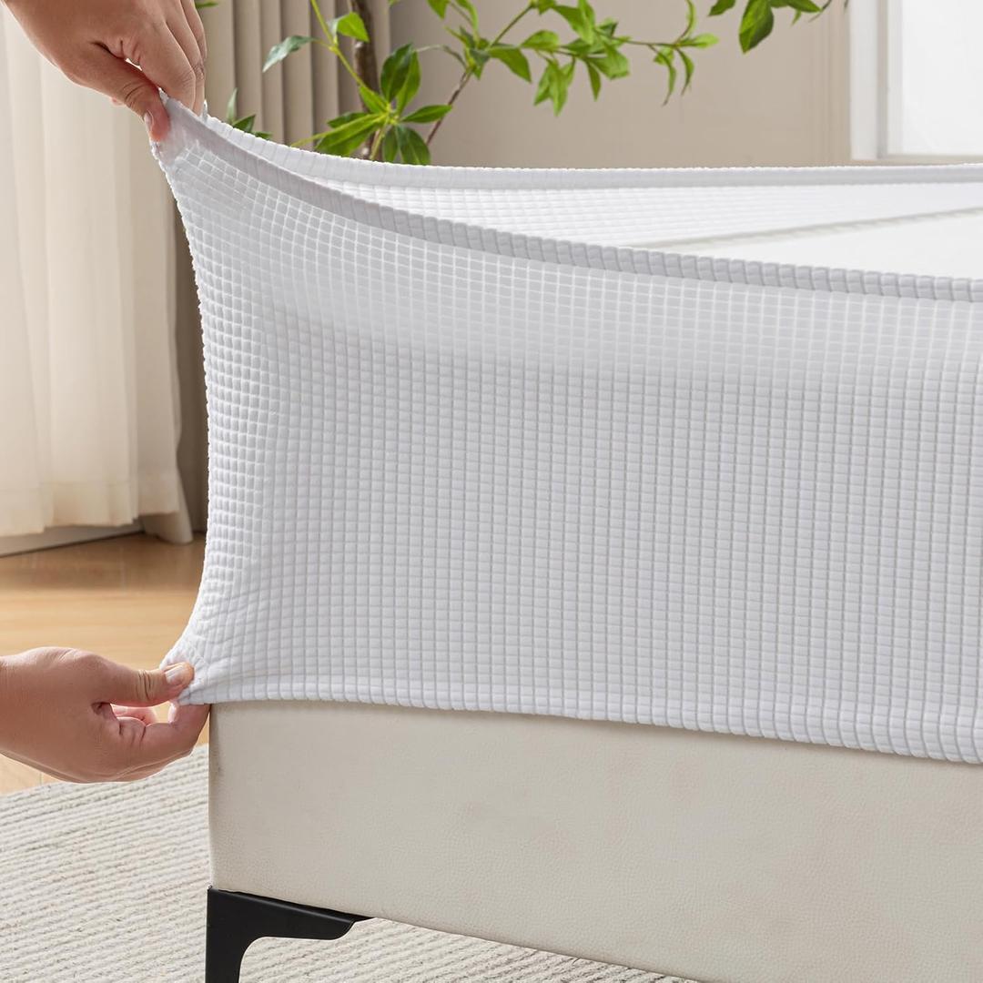 MIYE Jacquard Fabric Box Spring Cover,Super Stretchy Wrap Around 4 Sides Elastic Bed Skirt,Wrinkle & Fading Resistant,Washable & Easy Fit. (White, Queen)
