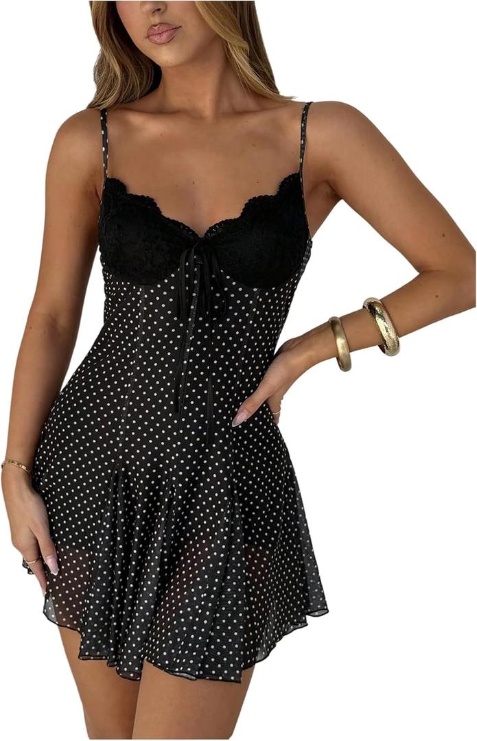 GORGLITTER Women's Polka Dots Mini Dress Y2k Lace Mesh Bow Tie Front V Neck A Line Dresses Coquette Clothes M
