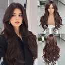 Dark Brown Long Wigs for Women Layered Wavy Wig with Curtain Bang Synthetic Dark Brown Wavy Natural Looking Layered Butterfly Blonde Hair for Black White Women Daily Party Use 4# 24Inch