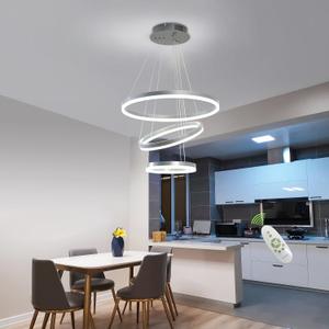 Silver Chandelier Led Pendant Light Fixture - 3 Ring Dimmable Modern Chandelier with Remote Control for High Ceiling Dining Room
