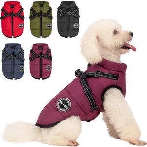 Warm Dog Winter Coat, Fashion Pet Cold Weather Jacket with Built-in Harness, Reflective & Adjustable Comfortable Pet Vest, Windproof Apparel for Dogs (Purple) Medium
