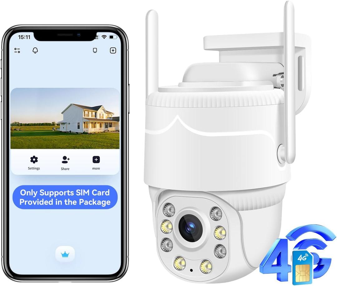 4G LTE Cellular Security Camera Outdoor/Home/Dome,No WiFi Camera Plug-in Power,Pan-Tilt 355 View,Motion Detection and Siren,2-Way Audio,Full Color Night Vision,Waterproof(SIM Card Included)