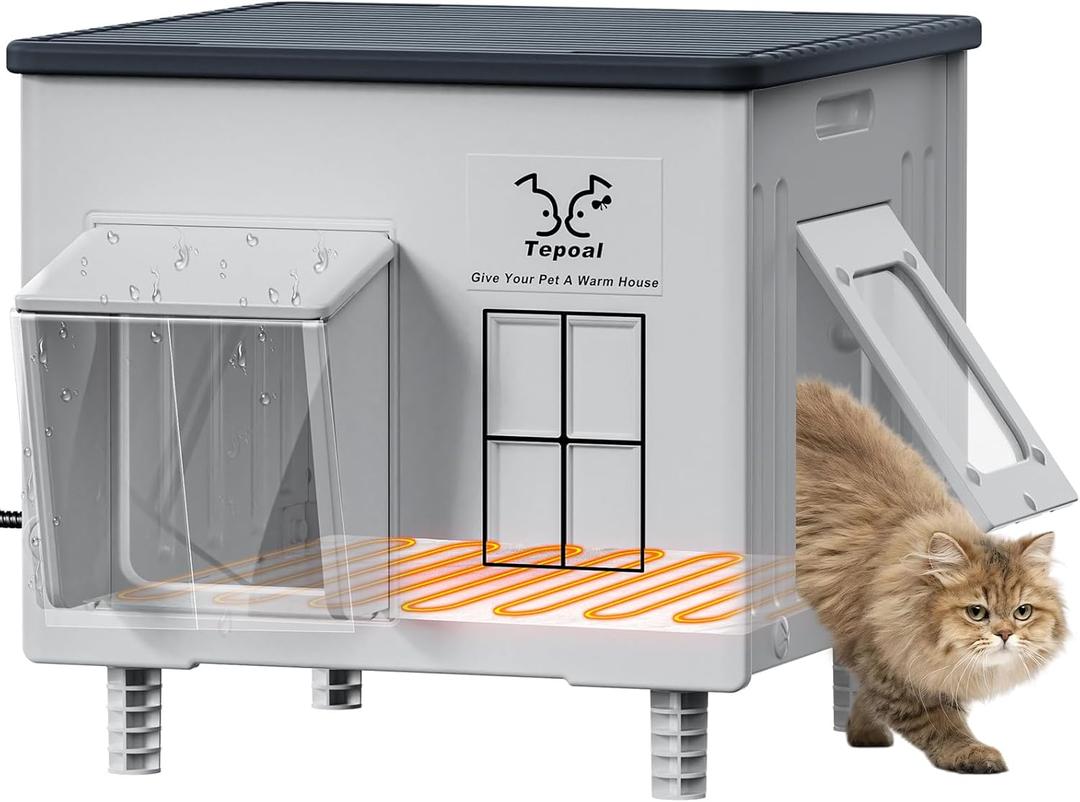 Indestructible Heated Cat House for Outdoor Cats in Winter, 100% Waterproof & Weatherproof Heated Cat House for Outside, Fully Insulated Feral Cat Shelter for Outdoor Barn Strays, 17.7 x 17 x 17.5 in