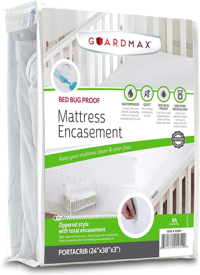 Guardmax Jersey Knitted Mini Crib Size Zippered Mattress Encasement - Waterproof & Bed Bug Proof Mattress Protector - Comfortable, Soft, and Noiseless Zippered Bedding - Dust Mite Proof (24 x 38 x 3) (White)