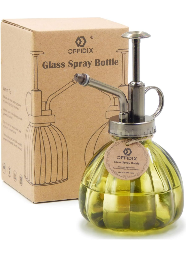 OFFIDIX Plant Mister,Glass Spray Bottle Small Watering Can Indoor 6.3" Tall Vintage Pumpkin Style Plastic Top Pump One Hand Mister Spray Bottle for Indoor Potted Plants (Olive Green)