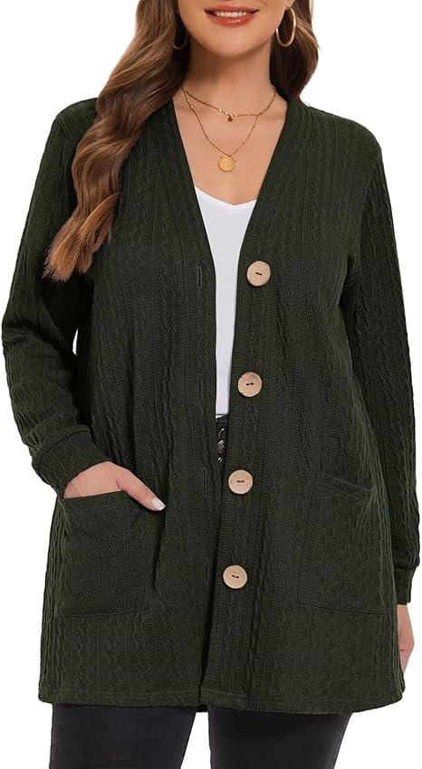 LARACE Open Front Cardigan for Women Cable Knit Sweater with Pockets Plus Size Long Sleeve Tops Button Down Winter Coat, color armygreen, size 2xL